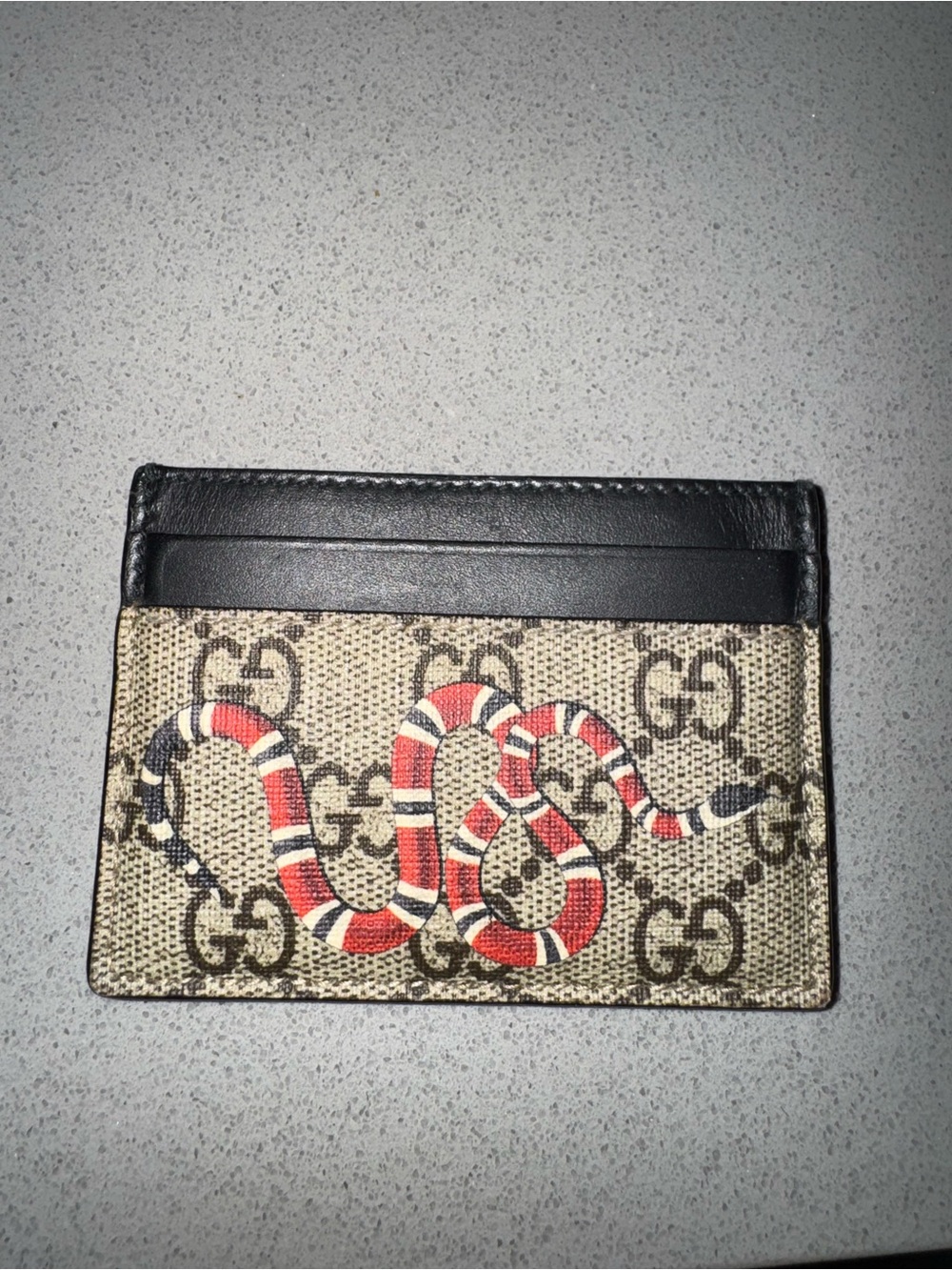 Gucci Beige GG Supreme Card Holder with Red & Black Snake Motif